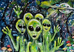 Original ACEO Painting ALIEN Mushrooms Stars ET Martian Universe UFO ATC ART