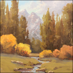 Jeff Love Art Original Oil Painting Fall Trees Alpine Mountain 12X12″ Landscape