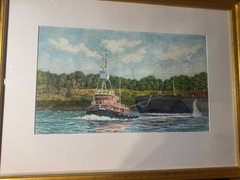 Large John Hutchinson (b1934) „Tug Boat Scene“ Watercolor Painting-Signed/Framed
