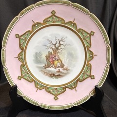 Hand Painted Romantic Scene Pink Green Gold Trim European 1800-80’s Decor Plate