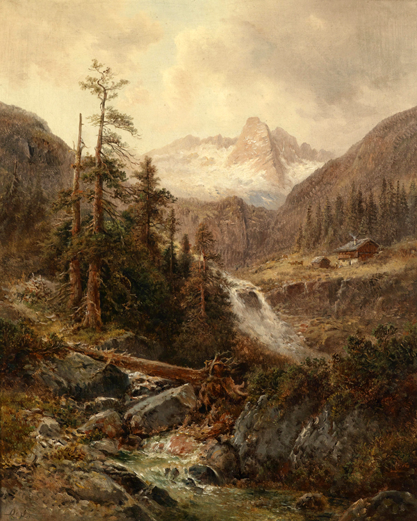 Large Oil painting sunset mountains landscape with brook in winter canvas