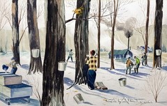 Original 1940s Watercolor Painting „Sugaring Off“ Maple Syrup Harvest in Snow