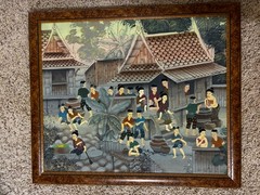 ANTIQUE MODERN THAILAND FIGURATIVE FOLK ART OIL PAINTING THAI Village Chang Mai