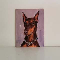 ACEO Original Painting Dogs Doberman Pet Portrait Animal Gouache Modern Artwork