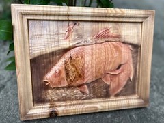 Carpfishing Fisherman Catches Carp Large Wood Carving Multicolor Picture Woodwor