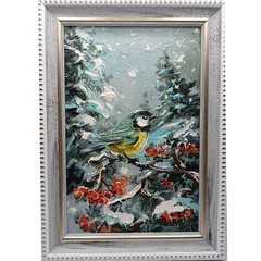 Winter Tit Original oil painting Impasto Signature Size 6*4 Winter landscape