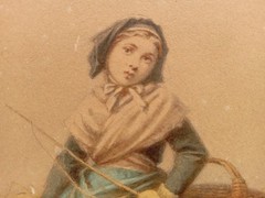 Antique 1850s Watercolor Painting Ferdinand Marohn Signed Winter Girl Dogs Sled