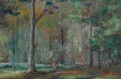 Vintage Oil on Board of Woman on a Path in a Forest Landscape by Kathleen Lamb?