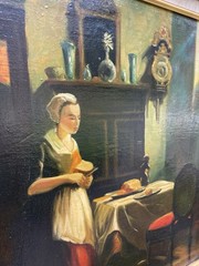 Vintage Dutch Interior Genre Oil Painting Woman Kitchen Scene Signed Vollen