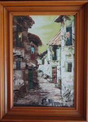 P Monzo Signed Old Town Palette Knife Oil Painting, 13 3/4″ x 12 1/4″, Framed