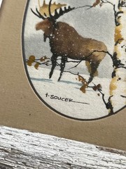 T Soucek Framed Moose Watercolor Painting Wall Art Signed Small Rustic Frame