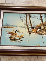 Vintage Geese W Chicks In Marsh Oil Painting By R SMITH, Wooden Framed, 18×22”