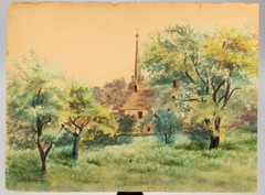 Antique New England Watercolor, Churchyard, H. Burroughs, Signed