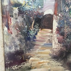 80s VTG Original Local Artist Signed Framed Painting of Charming Spanish Village