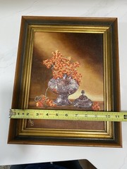 Original Oil Painting Still Life Wooden Frame Berries And Silver Urn