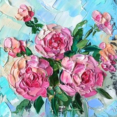 Flowers Original Oil Painting on canvas 20x20cm Pink Peonies Impasto Artwork
