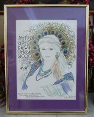 FRAMED MATTED MOUSIE ART NOUVEAU STYLE MARDI GRAS NEW ORLEANS 2000 Y2K ART PRINT