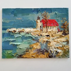 Lighthouse Michigan Original Painting Seascape Art Abstract Modern Wall Artwork