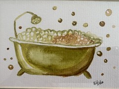 Orig Watercolor Bathroom Art Painting Bathtub Bubbles OOAK Framed