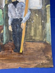 C.1950 Impressionist Painting, Oil on Paper SKIER, 2 Men 21.5″ x 15.5″