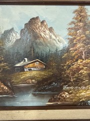 Vintage Mountain Oil Painting On Canvas Artist Signed Eugene Wood Cabin River