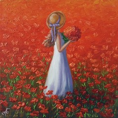 Original Oil Portrait Painting Woman Red Poppy Field Summer Canvas Art Romantic