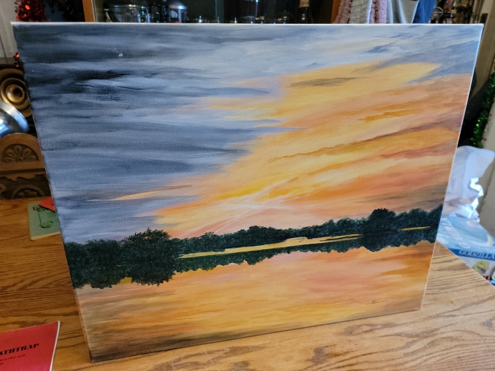 EVENING SKY SUNSET ORIGINAL OIL PAINTING SIGNED VIOLET J WORKING CANVAS VTG VJ
