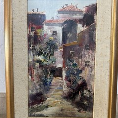 80s VTG Original Local Artist Signed Framed Painting of Charming Spanish Village
