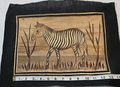 Vintage East African Dry Banana Leaf Artwork 9X13 Zebra Scene/Black Burlap Mat