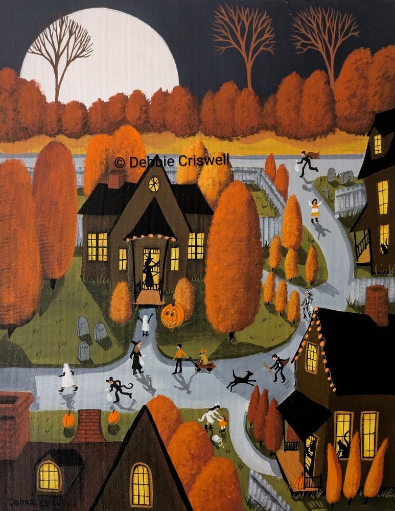 ORIGINAL Painting Folk Art Landscape Halloween Cat Witch Costume Dog Pumpkin JOL