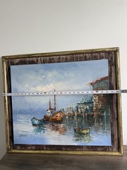 Vintage MCM Oil Painting Signed CRANE Harbor Fishing Boats Nautical Framed Art