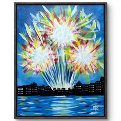 Original Expressive Fireworks Cityscape 11×14 Bold Acrylic Canvas Contemporary