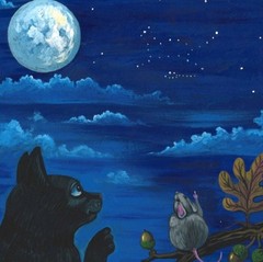 8×8 print of painting RYTA BLACK CAT MOUSE RAT ASTRONOMY Halloween Folk Art 🍁