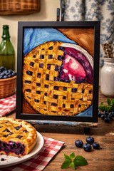 Blueberry Pie Painting 11×14 Framed Acrylic Dessert Still Life