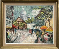 Expressionist Framed Oil Painting Paris Montmartre City Scene, 1925-1949