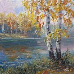 Autumn River Birch Trees Landscape Oil Painting Original Wall Art Canvas 8×8 in.