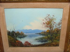 REYES North Or South America Midcentury Painting Lake With Hills Or Mountains