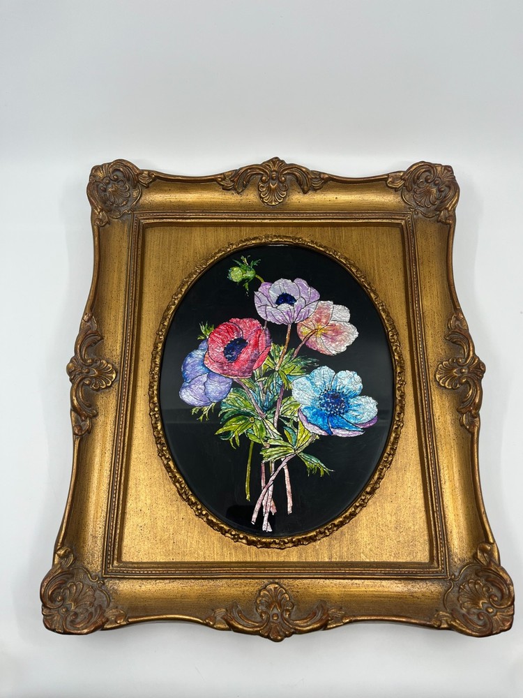 VTG Margaret Dougherty Reverse Oil Painting on Glass Floral Bouquet Gold Frame
