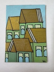 ACEO Miniature Modern Original Acrylic Painting Signed Stylized Houses Art