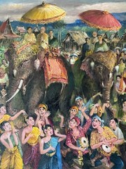EXCEPTIONAL ANTIQUE THAILAND FOLK ART OIL PAINTING OLD VINTAGE ASIAN THAI PEOPLE