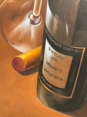 UNSTRETCHED Oil painting 36×48” Realistic red wine bottles, glasses, Riesling