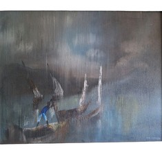 Oil Painting by Charles Obas Haitian 1927-1968 Nocturne Harbor Scene Untitled