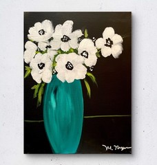 Mary Myers Original White Flowers Teal Vase 11×14 Acrylic Signed Expressionist F