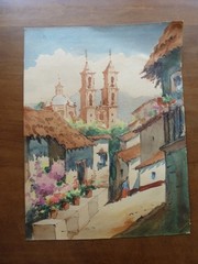 Vintage Signed Santa Prisca Taxco Mexico Watercolor Signed MAGS 9 3/4″ X 12 1/2″