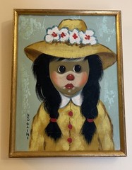 MID CENTURY BOLLINI BIG EYED BOY Girl CLOWN OIL PAINTING FRAMED SIGNED