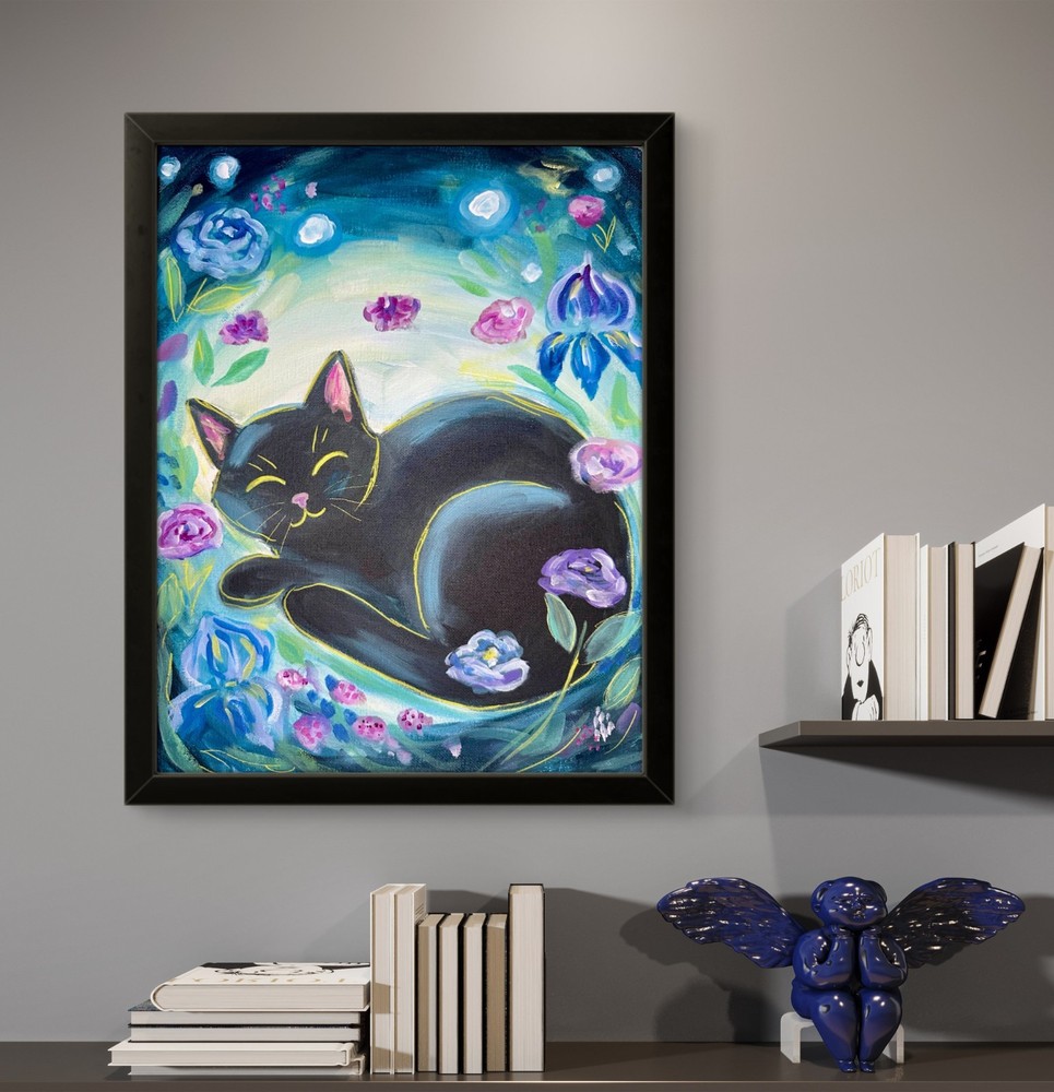 Black Cat Painting Floral Blue Pink 14X11 Canvas ORIGINAL ART MODERN HOME