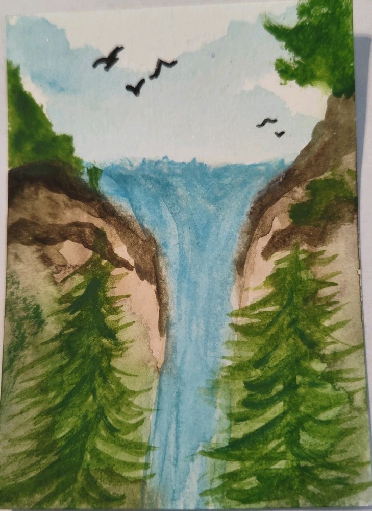 ACEO Original Watercolor Painting 2.5×3.5″ By Skye – Waterfall Of Tranquility