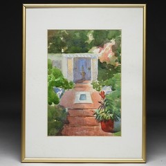 Brian Larkin Rhode Island Art Brick Walkway Garden Trellis Flowers WC Painting