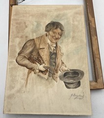 1800’s Original Watercolor Violinist Portrait Painting Art By George Gaylord