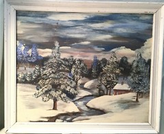 Winter Cottage With Creek Oil On Wood Painting By Victor 17 1/16×14 1/32 Framed